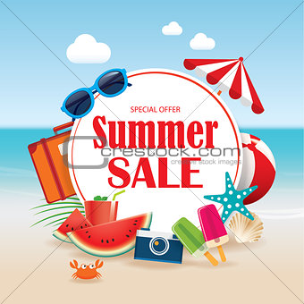 Summer sale background banner design template with colorful beac