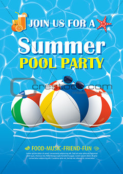 Pool party invitation poster with blue water. Vector summer back