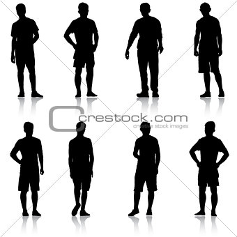 Set Black silhouette man standing, people on white background