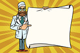 hipster doctor shows at a mockup copy space poster