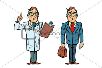 Happy doctor with glasses and a businessman