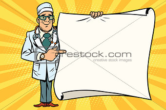 Happy doctor with glasses and copy space background