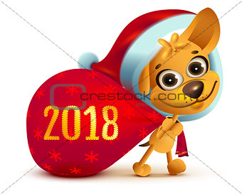 Yellow dog symbol of year 2018. Funny Santa dog carries big bag of gifts