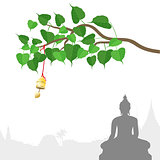 Buddha statue and Bodhi tree with Golden bell of thai tradition, Visakha Puja Day