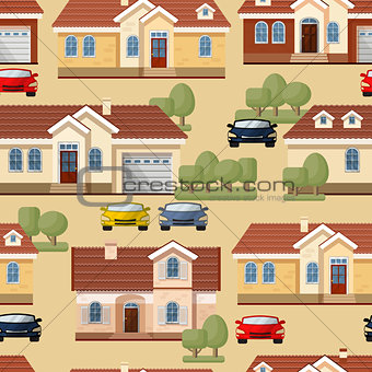 Vector seamless pattern of cars, trees and houses.