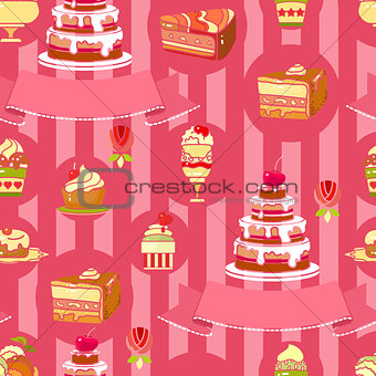 Vector Cake seamless pattern. Cute various desserts.