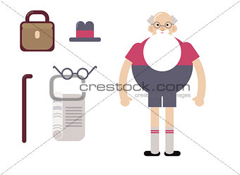 Oktoberfest character grandpa.Grandfather with a glass of beer, folk costumes. Poster. Flat design vector illustration.