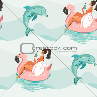Hand drawn vector abstract cute summer time seamless pattern with beach girl swimming on pink flamingo float circle and dolphins in blue ocean water waves texture background
