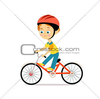 Happy little boy in helmet riding bicycle. Cartoon flat style.