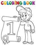 Coloring book boy holds certificate