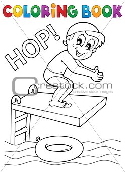 Coloring book boy jumping into water