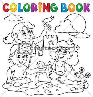 Coloring book children and sand castle