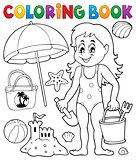 Coloring book girl and beach objects
