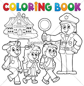 Coloring book pupils and policeman