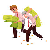 Two men, young and old, carrying huge bundle of money
