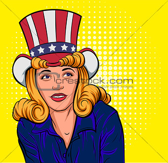 Beautiful young woman in hat of Uncle Sam