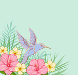 Pink flowers and flying bird