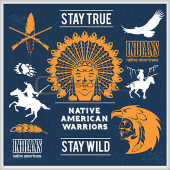 Native american indians, apache tribes set of vector emblems, labels, badges