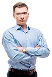 Vertical portrait of confident businessman with glasses isolated