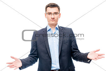 Businessman in business suit on white background hands spread ou