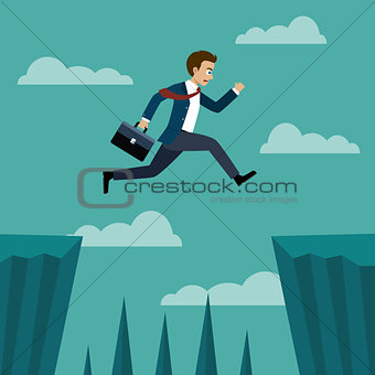 Businessman jumping over between the cliffs.