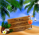 summer wooden sign on tropical beach background