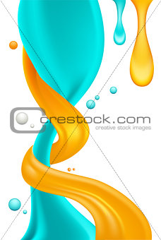 Blue and yellow liquid paint on white background