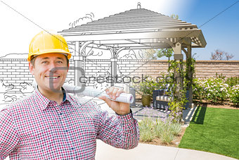 Contractor In Front of Drawing Gradating Into Photo of Finished 
