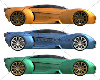 A set of three conceptual racing cars of one model of yellow, blue and green colors. Side view. 3d illustration.