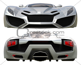 A set of two types of racing concept car in gray. Front and rear view. 3d illustration.