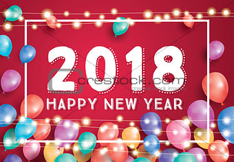Happy New Year 2018 Greeting Card with Flying Balloons, White Fr