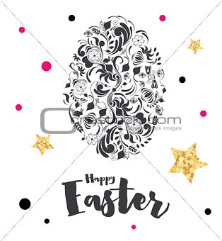 Happy Easter Lettering with Egg and Golden Stars.