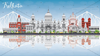 Kolkata Skyline with Gray Landmarks, Blue Sky and Reflections. 