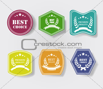 Vector set of vintage colorful glossy plastic promo labels. Best Price, Premium Quality, Bestseller,Highest Quality Guarantee.