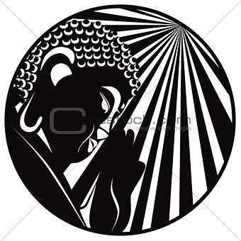 Buddha Raised Hand with Light Rays Circle Black and White Illust