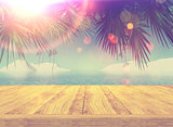 3D retro styled image of a wooden deck looking out to a tropical