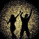 Silhouettes of people dancing on gold glitter background
