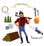 Lumberjack, timber and woodworking tools vector icons isolated on white background