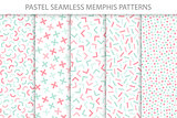 Collection of colorful seamless memphis patterns. Soft colors - delicate design.