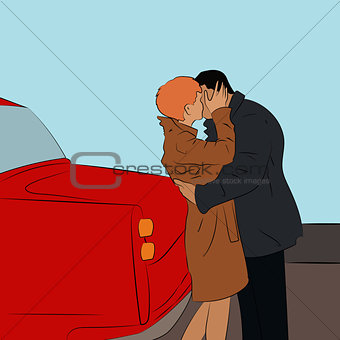 Valentine. Vector illustration of beautiful kissing couple near the car. Cartoon style