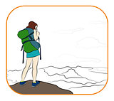 Young woman walking alone on a mountain trail. Girl looks at a horizon. Adventure travel. Summer vacation