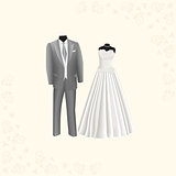 wedding dress and gray men's suit