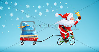 Santa claus with bell at bicycle. Christmas cartoon character.