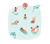 Hand drawn vector abstract summer time fun illustration with swimming happy people with jumping dolphins,hot air balloon,unicorn and pink flamingo buoys floats on blue water background isolated