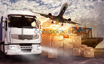 Truck, aircraft and cargo ship ready to start to deliver