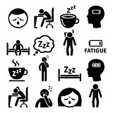 Fatigue icons, tired, sleepy man and woman vector design