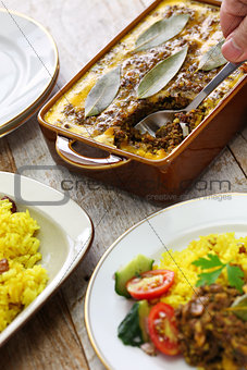 bobotie and yellow rice, south african cuisine.