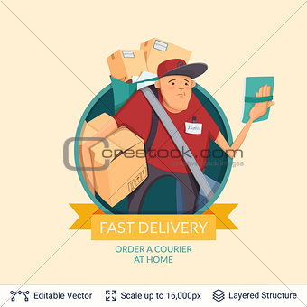 Deliveryman icon and ad text.
