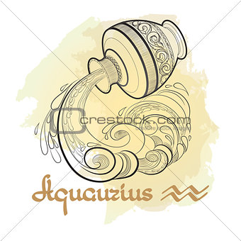 Hand drawn line art of decorative zodiac sign Aquarius .