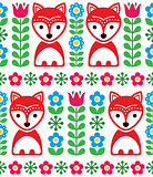 Scandinavian seamless pattern, Nordic background with foxes and flowers, folk art design